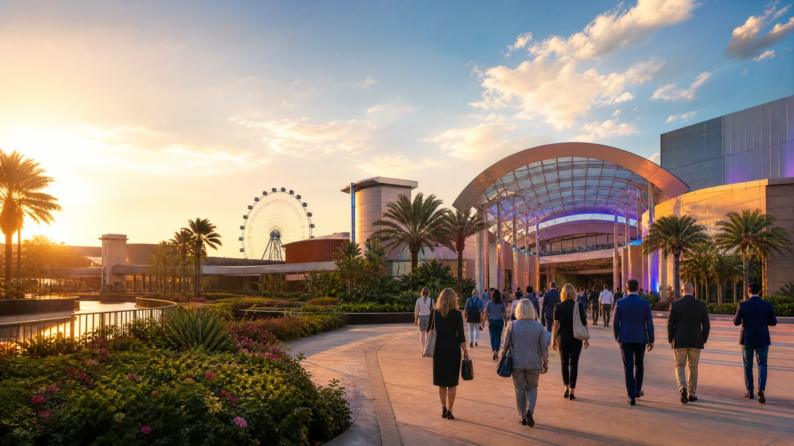 Unbranded Orlando attractions-planning scene with a convention-district arrival and observation wheel