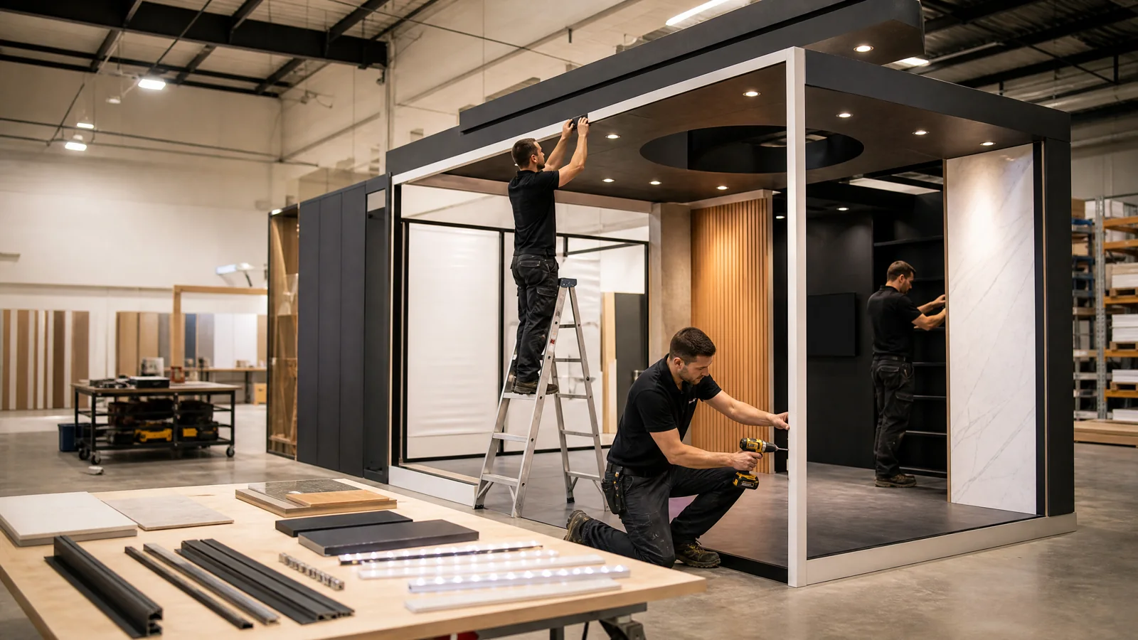 Exhibit professionals building a large modular structure in an unbranded production workshop