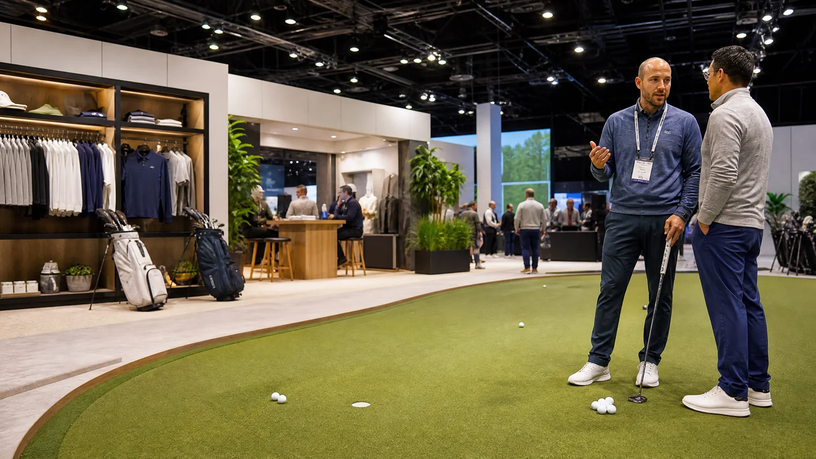 Professional golf-product trade-show environment with a practice surface and hands-on display area
