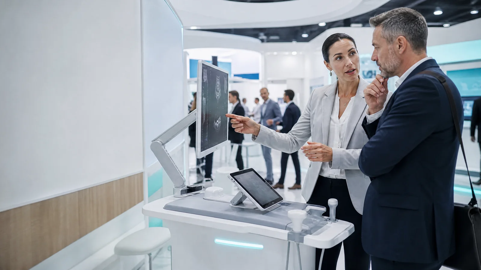 Professional healthcare technology demonstration in an unbranded medical exhibit setting