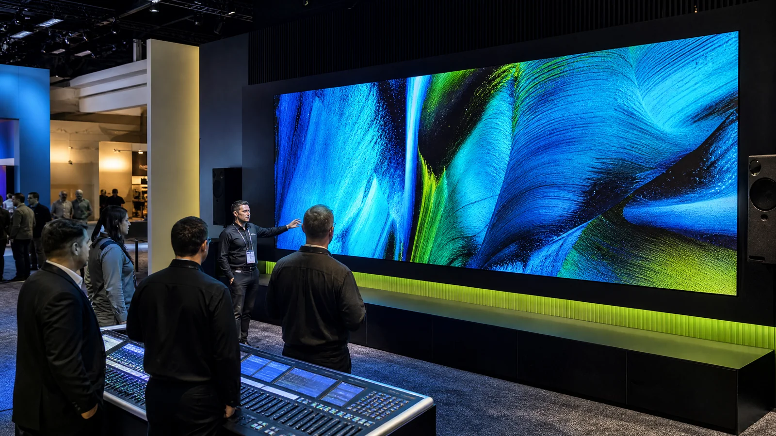 Professional AV and technology demonstration with a large LED display and control console